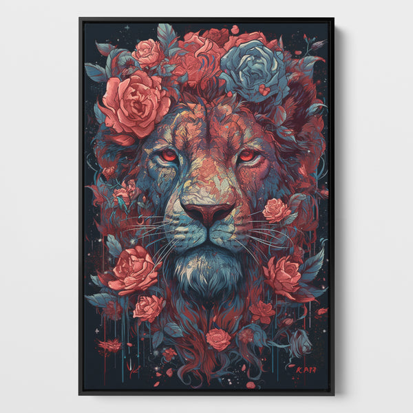 Leinwandbild eines majestätischen Löwen, eingebettet in ein Meer aus lebendigen Rosen, die künstlerische Kraft und Naturverbundenheit ausstrahlen. Das Bild ist eingerahmt in einem schwarzen Schattenfugenrahmen.