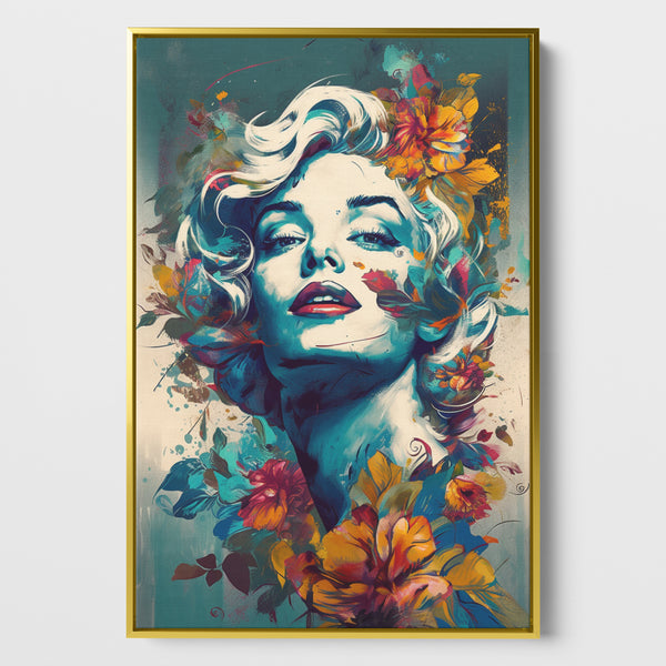 Ausdrucksstarkes Porträt von Marilyn Monroe umgeben von farbenfrohen Blumen. Marilyn Monroe im Bild erscheint, als würde sie genießerisch die Frische der Blumen um sie herum einatmen. Das Bild ist eingerahmt in einem goldenen Schattenfugenrahmen.