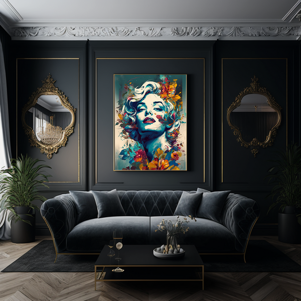 Das Bild zeigt eine stilvoll eingerichtete moderne Wohnung mit klassischen Elementen. Im Zentrum des Raumes steht ein tiefes, samtiges, graues Sofa, das vor einer dunklen Wand mit Zierleisten positioniert ist. Über dem Sofa hängt ein ausdrucksstarkes Porträt von Marilyn Monroe umgeben von farbenfrohen Blumen. Marilyn Monroe im Bild erscheint, als würde sie genießerisch die Frische der Blumen um sie herum einatmen.
