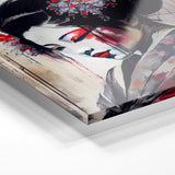 Acrylic Glass picture of a traditional Japanese geisha, wearing a brightly colored kimono, stands elegantly with a serene expression.