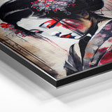 Alu-Dibond picture of a traditional Japanese geisha, wearing a brightly colored kimono, stands elegantly with a serene expression.