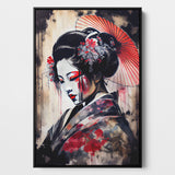 Framed Canvas of a traditional Japanese geisha, wearing a brightly colored kimono, stands elegantly with a serene expression.