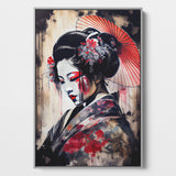 Framed Canvas of a traditional Japanese geisha, wearing a brightly colored kimono, stands elegantly with a serene expression.