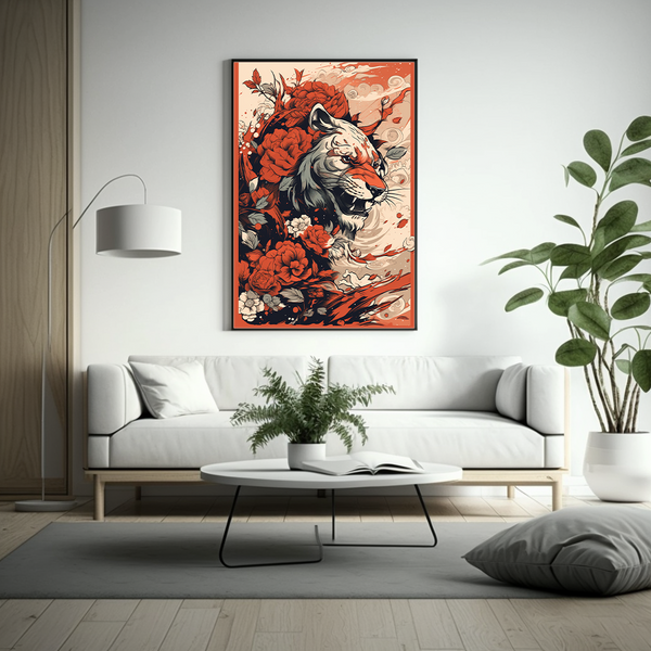 Das Bild präsentiert eine stilisierte Darstellung eines Tigers, umgeben von üppigen roten und weißen Blumen und es hängt in einem modern eingerichteten Raum.