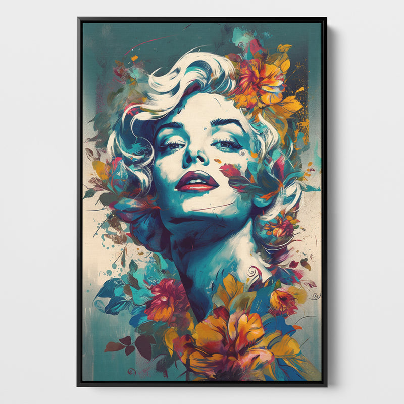 Ausdrucksstarkes Porträt von Marilyn Monroe umgeben von farbenfrohen Blumen. Marilyn Monroe im Bild erscheint, als würde sie genießerisch die Frische der Blumen um sie herum einatmen. Das Bild ist eingerahmt in einem schwarzen Schattenfugenrahmen.