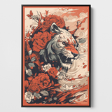 Das Bild präsentiert eine stilisierte Darstellung eines Tigers, umgeben von üppigen roten und weißen Blumen,  die an traditionelle asiatische Kunst erinnern könnten. Der Tiger ist in einem grafischen Stil gezeichnet, mit betonten Linien und einem ernsten, konzentrierten Gesichtsausdruck. Seine Augen sind scharf und lebendig, was auf eine gewisse Intensität und Wildheit hinweist. Das Bild ist eingerahmt in einem Schattenfugenrahmen in schwarz.