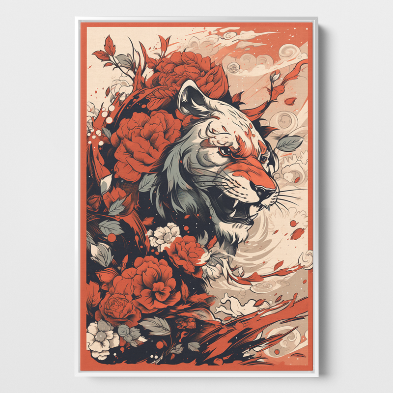 Das Bild präsentiert eine stilisierte Darstellung eines Tigers, umgeben von üppigen roten und weißen Blumen, die an traditionelle asiatische Kunst erinnern könnten. Der Tiger ist in einem grafischen Stil gezeichnet, mit betonten Linien und einem ernsten, konzentrierten Gesichtsausdruck. Seine Augen sind scharf und lebendig, was auf eine gewisse Intensität und Wildheit hinweist. Das Bild ist eingerahmt in einem Schattenfugenrahmen in weiß.